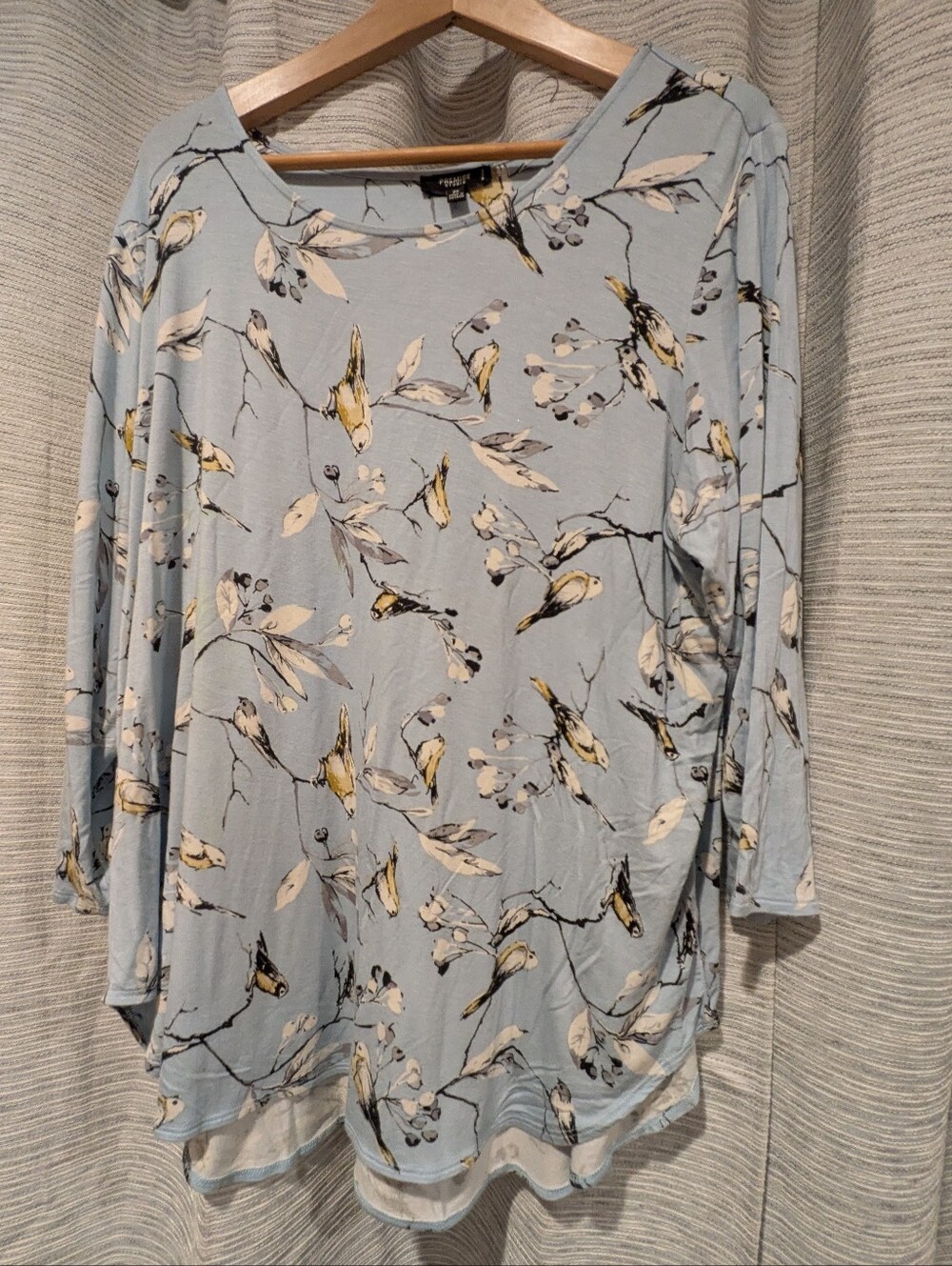 Premise Light Blue Long Sleeve Top with Yellow & Cream Bird Print - 2X